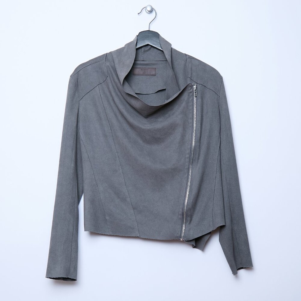 Blank NYC Moto Jacket Faux Suede Drape Collar Gray Zip Up Long Sleeve Small